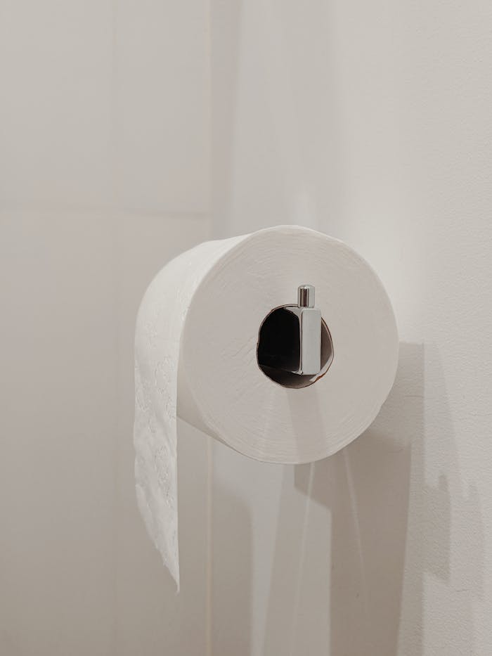 A simple and clean bathroom setting with a white toilet paper roll on a wall holder.
